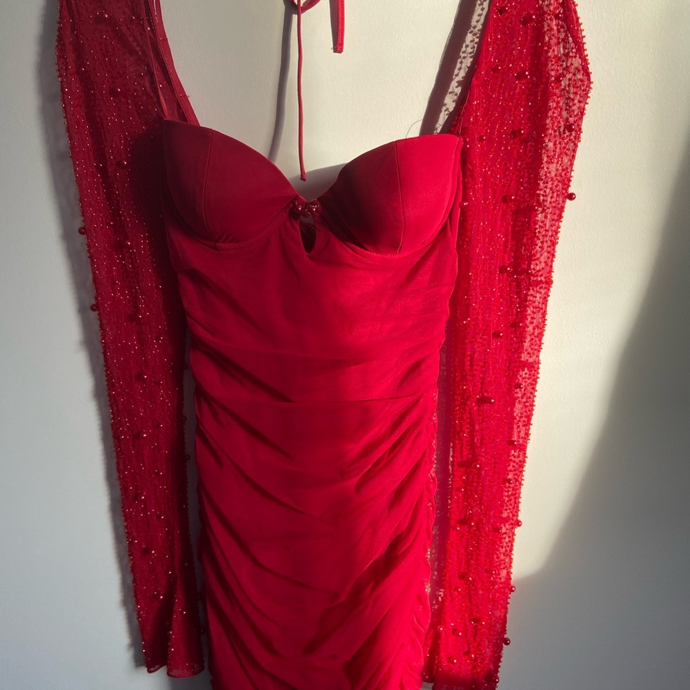 Oh Polly
Embellished Long Sleeve Mini Dress in Red
